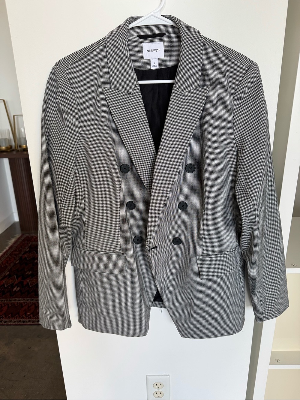 Nine West Black and White Houndstooth Double-Breasted Blazer